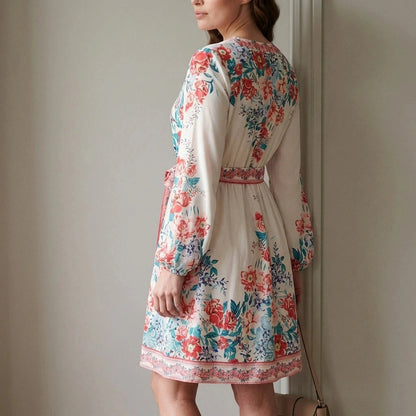 Floral Tie Waist Long Sleeve Short Dress With V-Neck And Pockets