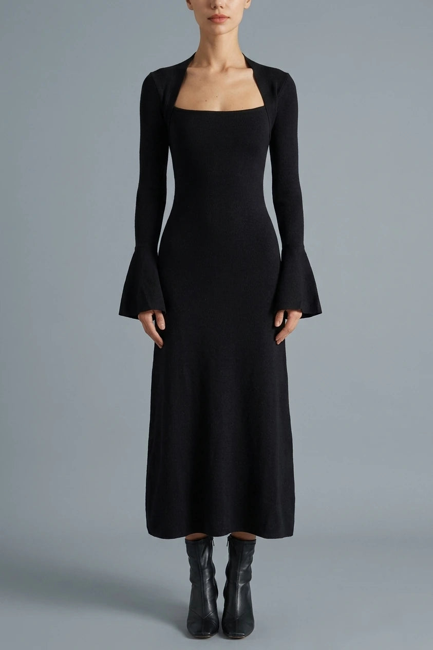 The Black Square Neck Flare Sleeve Midi Dress — variant_front
