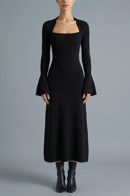 The Black Square Neck Flare Sleeve Midi Dress — variant_front
