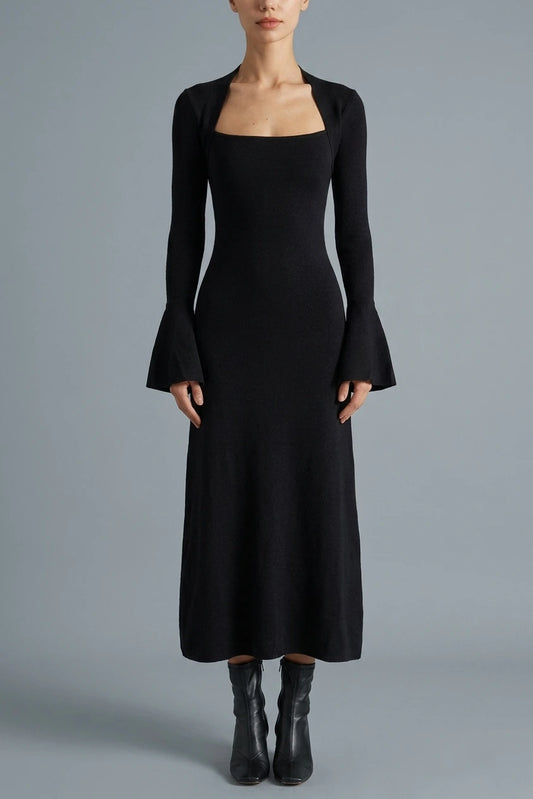 The Black Square Neck Flare Sleeve Midi Dress — variant_front