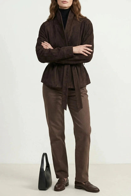 Cropped Double-Breasted Wool Jacket With Belted Waist And High Collar