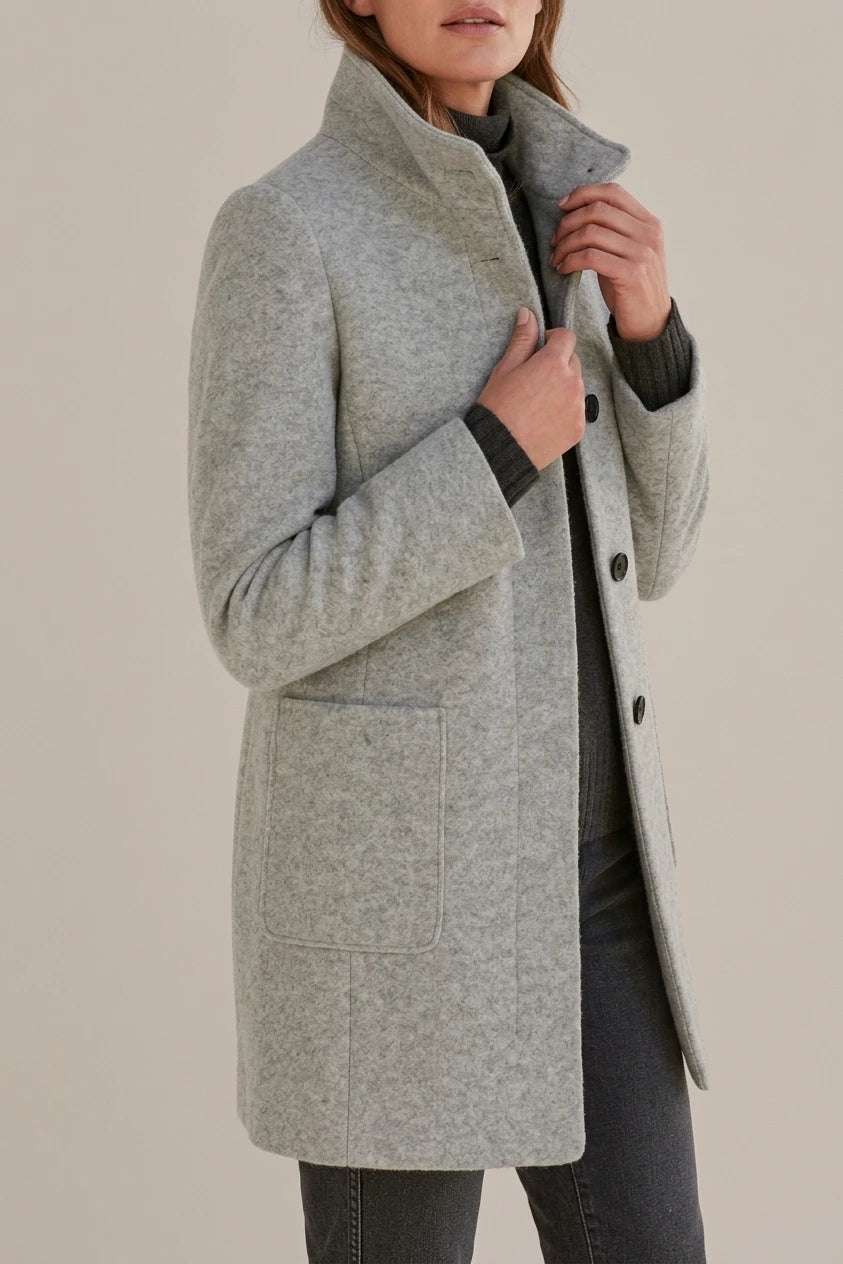 Women's Stand Collar Coat with Button Front and Patch Pockets — variant_front