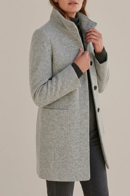 Women's Stand Collar Coat with Button Front and Patch Pockets — variant_front