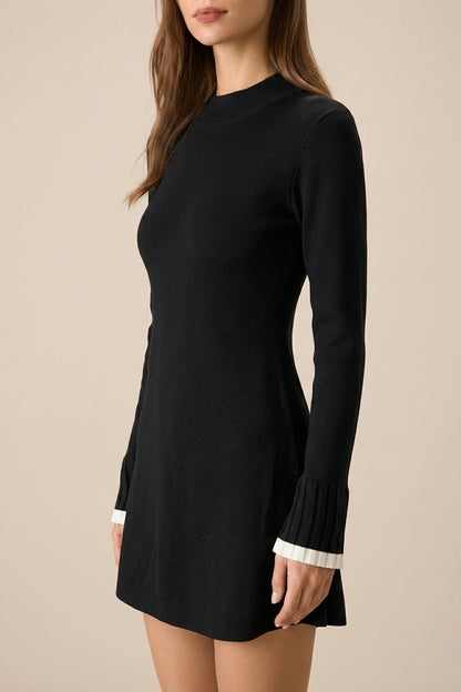 Black Contrasting Long Sleeve Sweater Mini Dress — variant_front