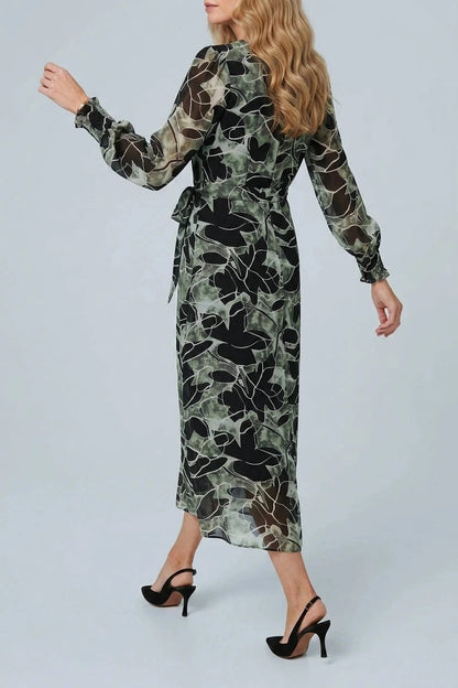 Abstract Long Sleeve Layered Maxi Dress With Sheer Sleeves And Tie Waist