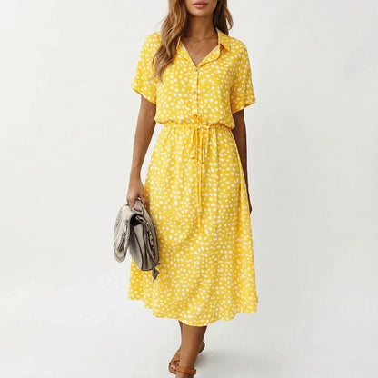 Women's Midi Dress with Button Front and Drawstring Waist — variant_front