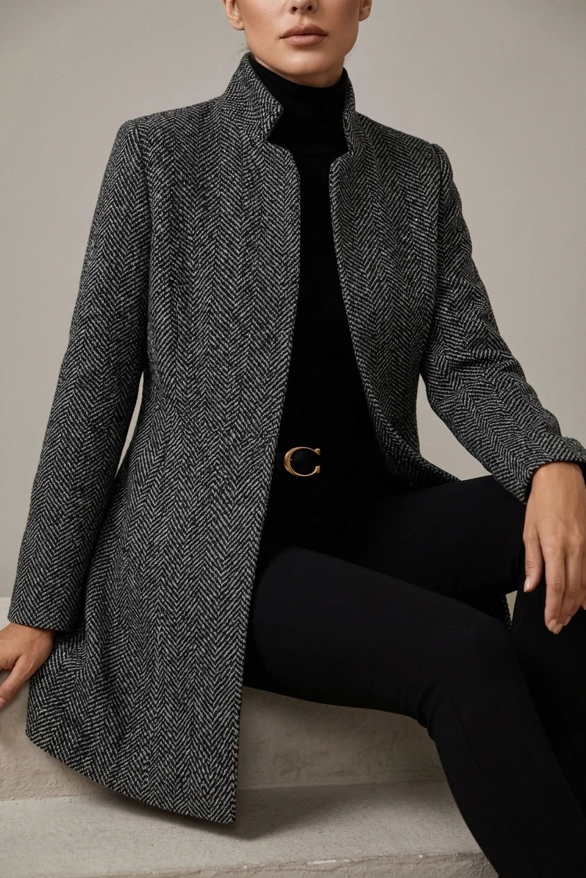 Polished Open Front Wool Coat with Herringbone Texture — variant_front