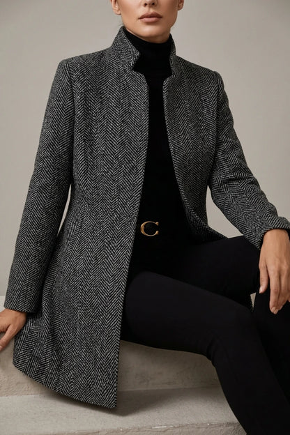 Polished Open Front Wool Coat with Herringbone Texture — variant_front