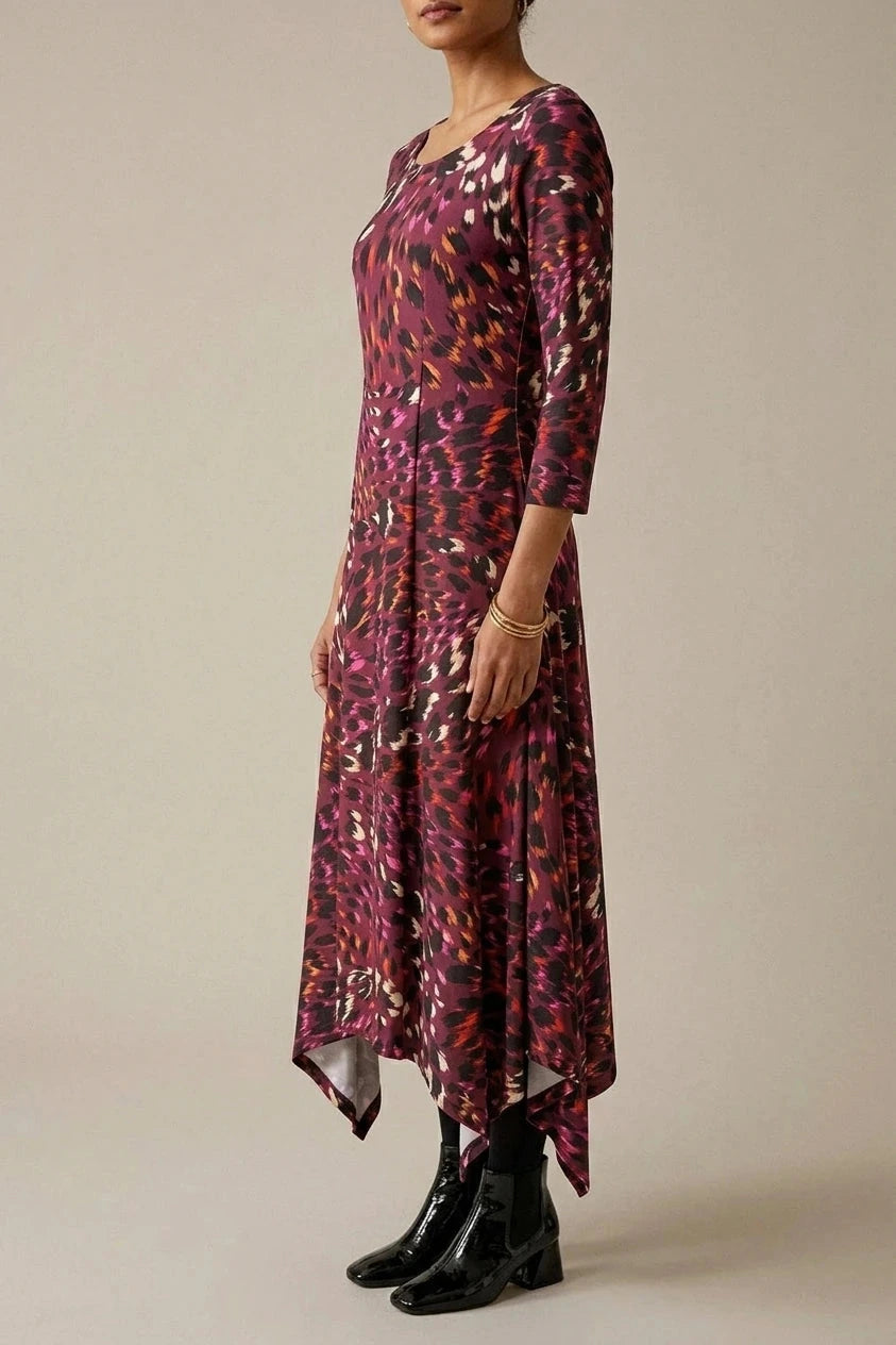 Animal Print Hanky Hem Jersey Dress 3/4 Sleeve Asymmetric Midi