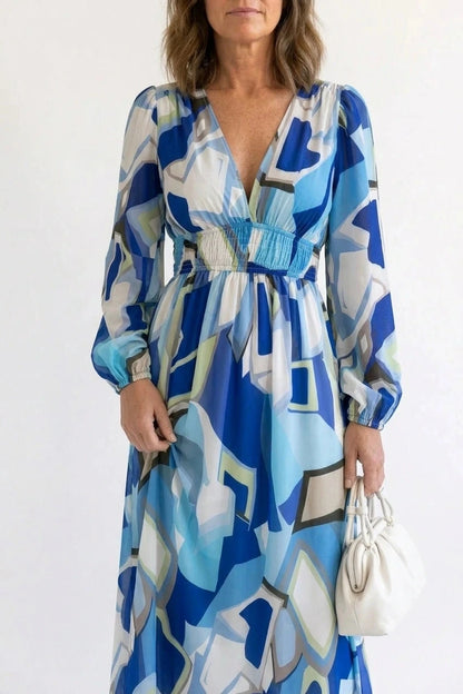 Printed Long Sleeve V-Neck Maxi Dress With Smocked Waist