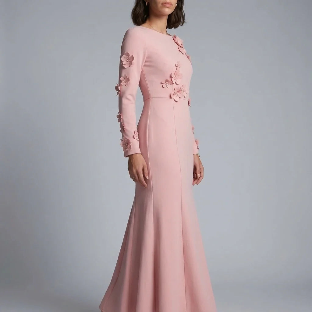 3D Floral Appliqué Long Sleeve Maxi Dress – Pink Wedding Guest Dress for Women — variant_front