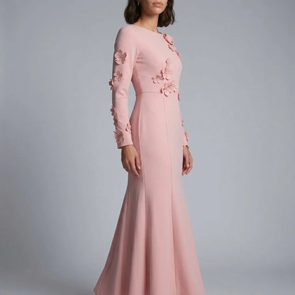 3D Floral Appliqué Long Sleeve Maxi Dress – Pink Wedding Guest Dress for Women — variant_front
