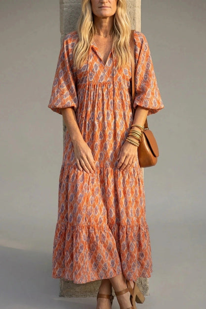 Geometric Print V Neck Tiered Maxi Dresses