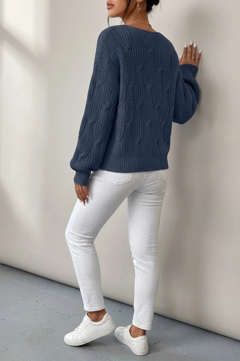 Cable Knit Sweater with V-Neckline and Puff Sleeves — variant_front