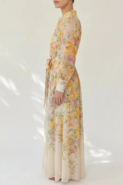Floral Sheer Long Sleeve Maxi Dress With Tie Waist Button Front