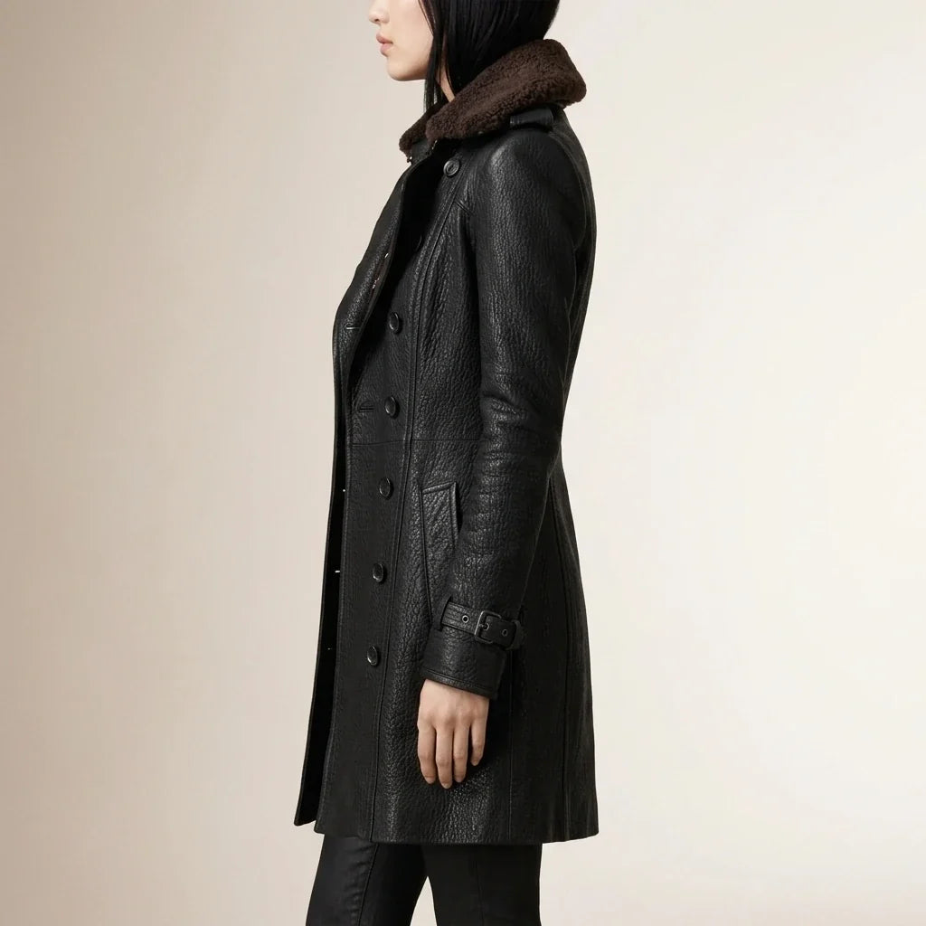 Black Leather Coat with Shearling Collar and Double Breasted Front — variant_front