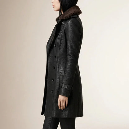 Black Leather Coat with Shearling Collar and Double Breasted Front — variant_front