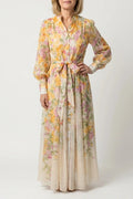 Floral Sheer Long Sleeve Maxi Dress With Tie Waist Button Front