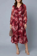 Abstract Floral Semi Sheer Midi Dress V-Neck Tie Waist Long Sleeves
