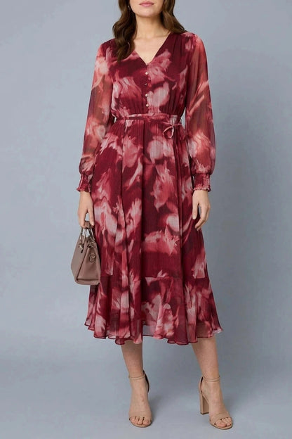 Abstract Floral Semi Sheer Midi Dress V-Neck Tie Waist Long Sleeves
