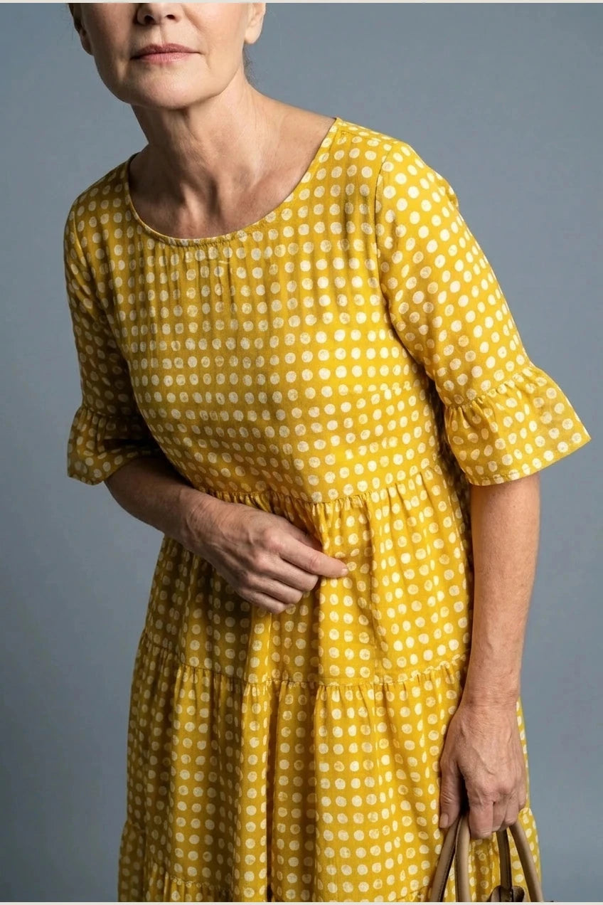 Polka Dot Tiered Midi Dress With Short Ruffle Sleeves And Square Neck