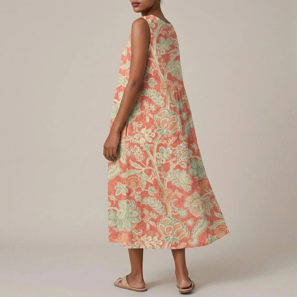 Sleeveless Dress With Premium Blend And Loose Fit — Midi With Pockets & Round Neck