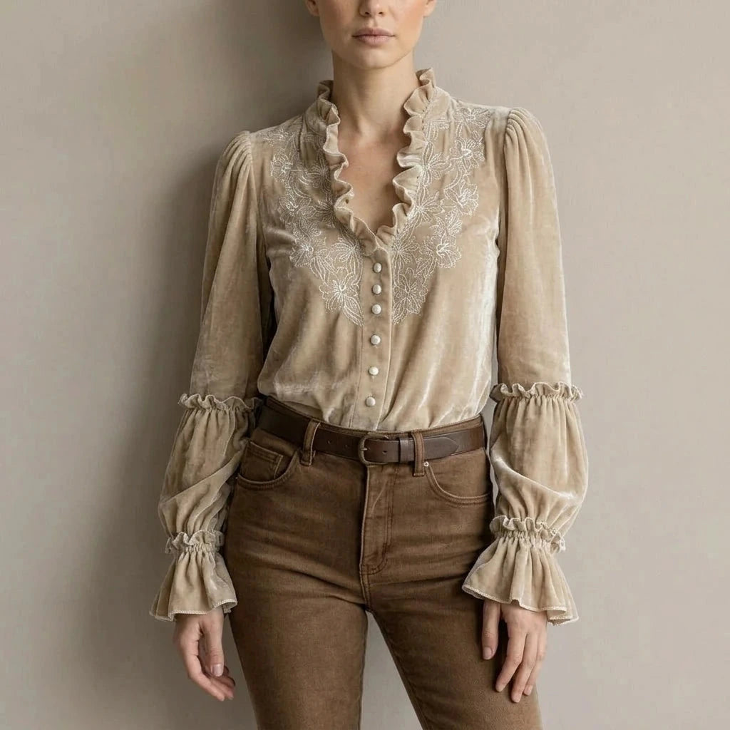 Embroidered Velvet Blouse Lace-Trimmed Romantic Floral Statement Top