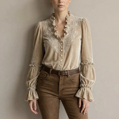 Embroidered Velvet Blouse Lace-Trimmed Romantic Floral Statement Top