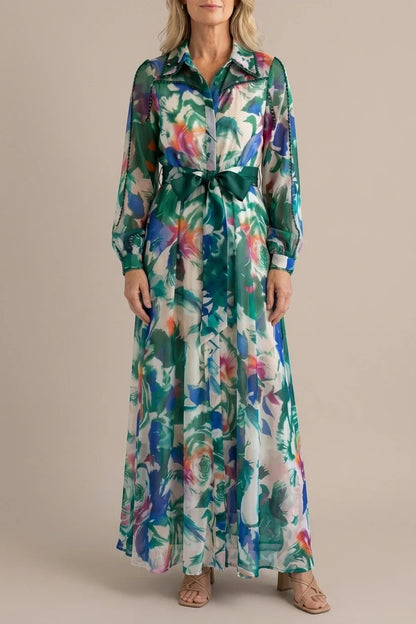 Carolina | Long Sleeve Printed Belted Maxi Dress — variant_front