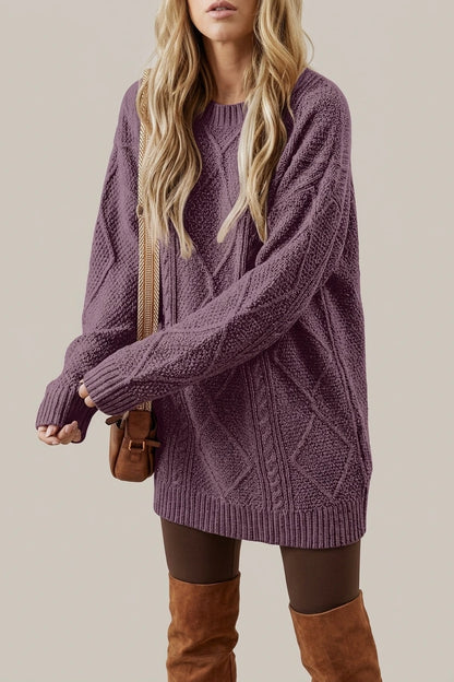 Purple Cable Knit Sweater Dress with Round Neck — variant_front