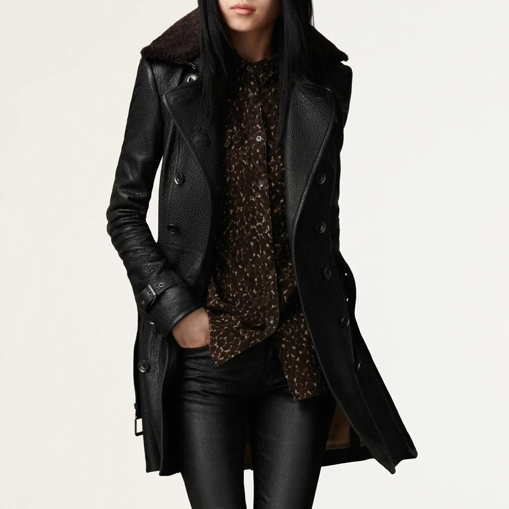 Black Leather Coat with Shearling Collar and Double Breasted Front — variant_front