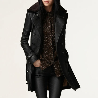 Black Leather Coat with Shearling Collar and Double Breasted Front — variant_front