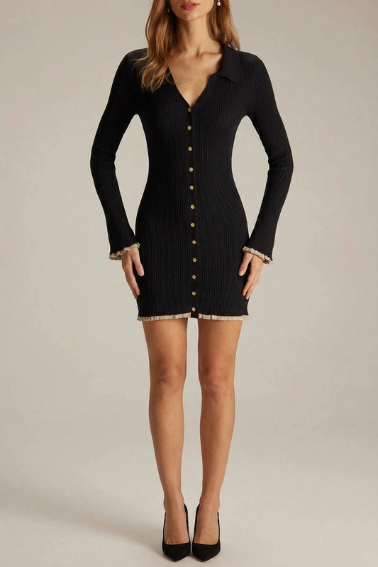 The Black V Neck Contrast Trim Knit Mini Dress — variant_front
