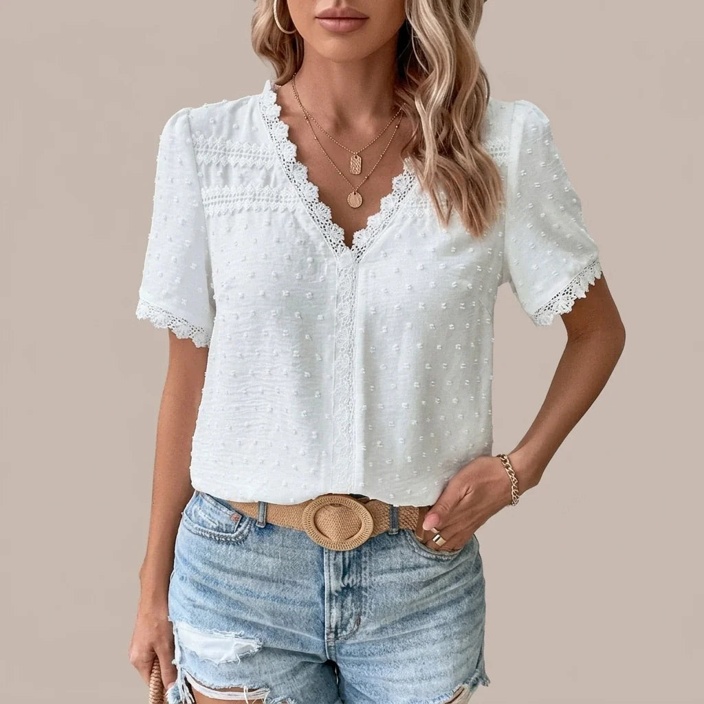 Bohemian Lace Trim Blouse with Swiss Dot Texture and V-Neckline — variant_front