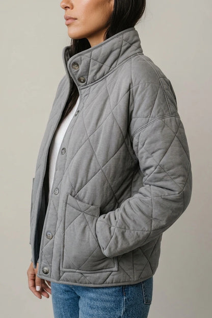 Relaxed Diamond Quilted Jacket with Stand Collar and Front Pockets — variant_front
