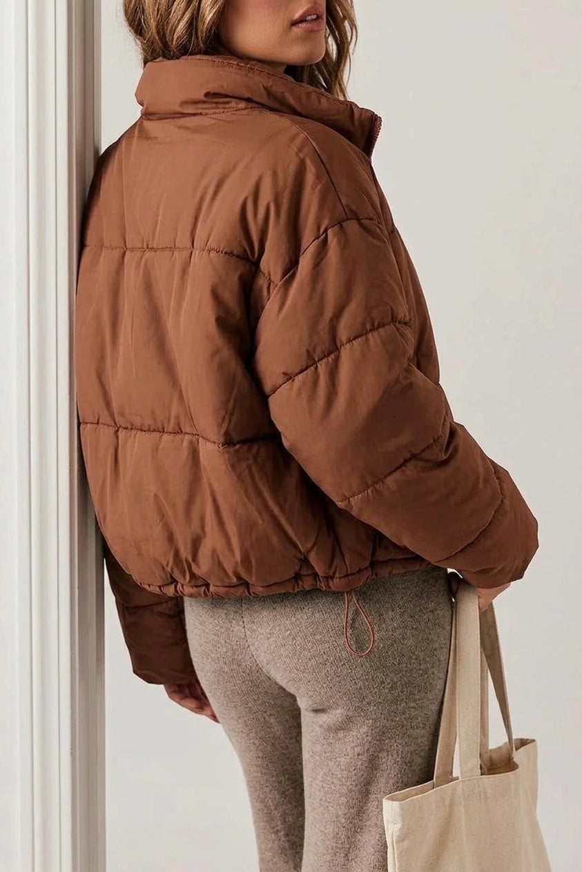 Cropped Puffer Jacket with Stand Collar and Drawcord Hem — variant_front