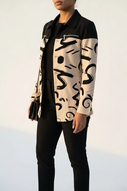 Printed Shacket with Contrast Collar and Zip Chest Pocket — variant_front