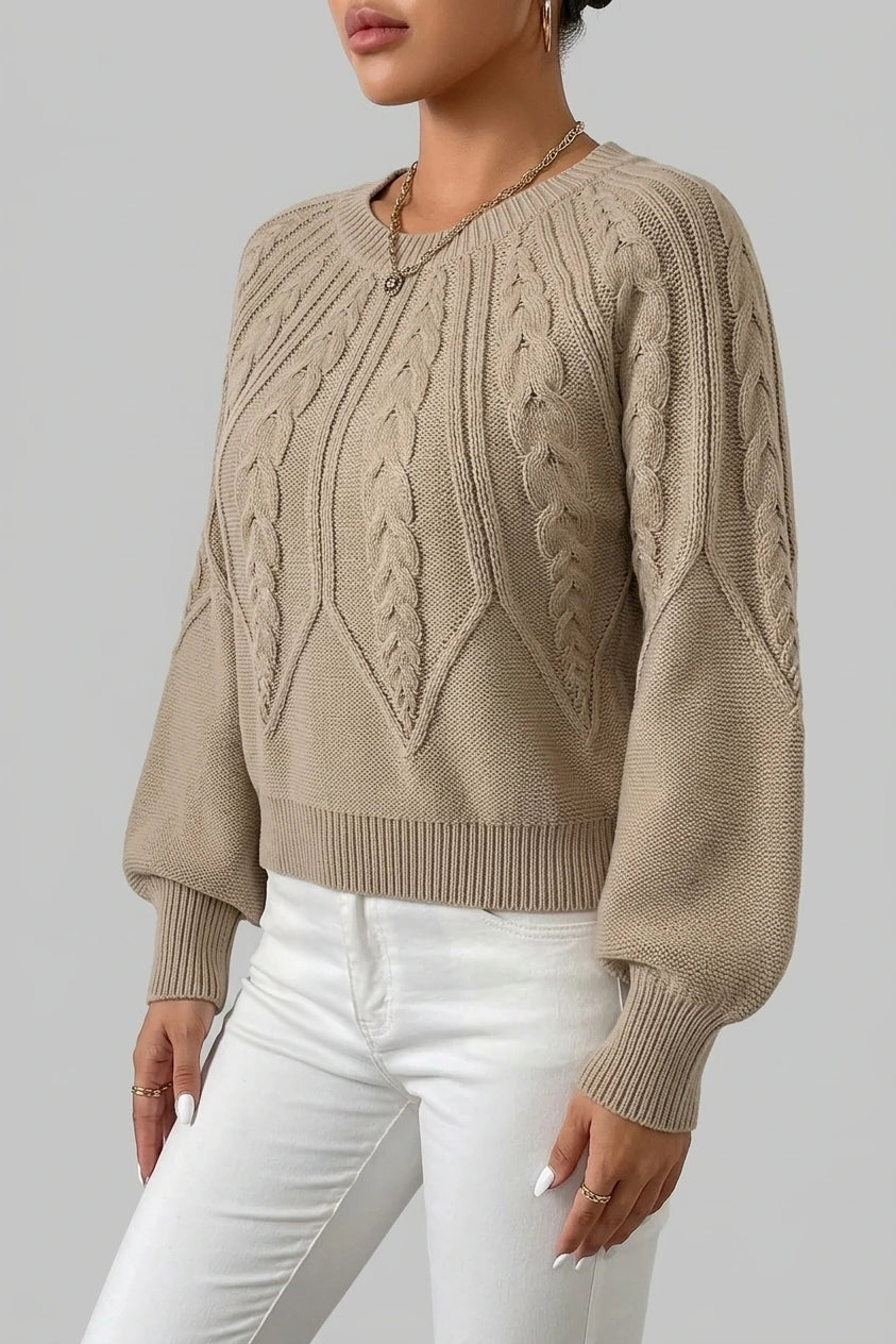 Women's Cable-Knit Cropped Jumper with Lantern Sleeves — variant_front