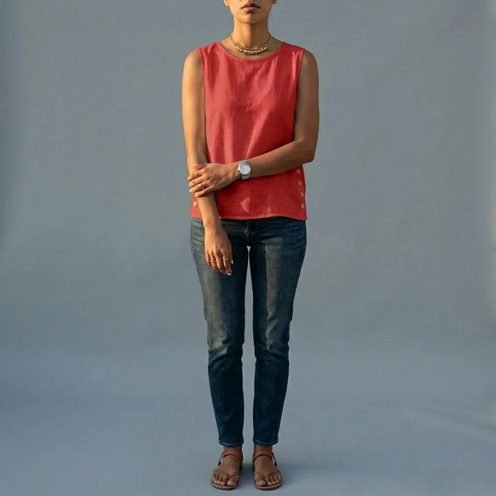 Casual Linen Tank Top with Button Side Detail — variant_front