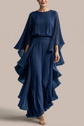 Layered Sleeve Drape Waist Midi Dress With Ruffle Side Panels