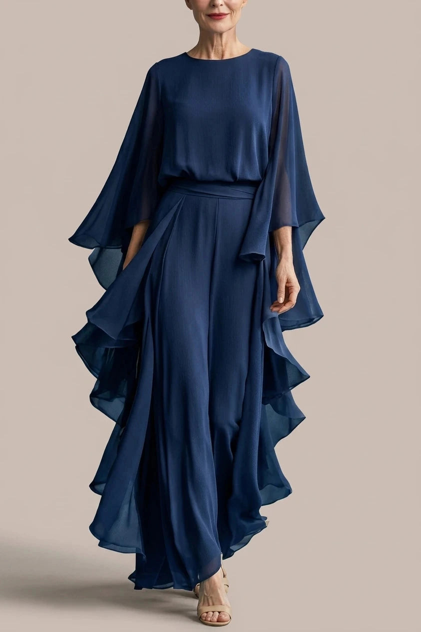 Layered Sleeve Drape Waist Midi Dress With Ruffle Side Panels