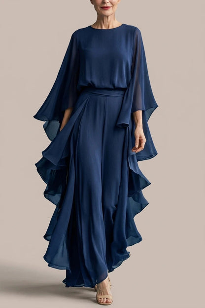 Layered Sleeve Drape Waist Midi Dress With Ruffle Side Panels