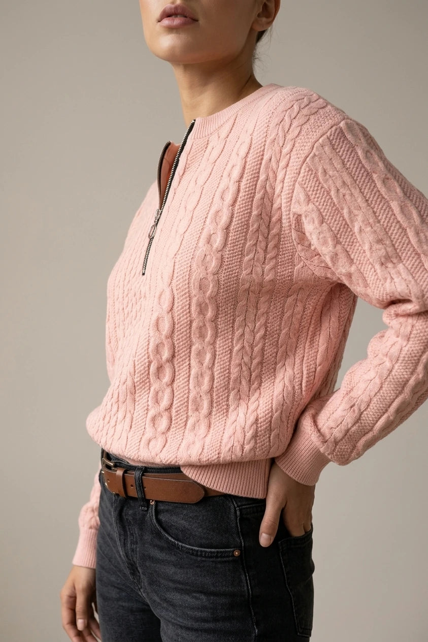 Women's Cable Knit Jumper with Half Zip and Long Sleeves — variant_front