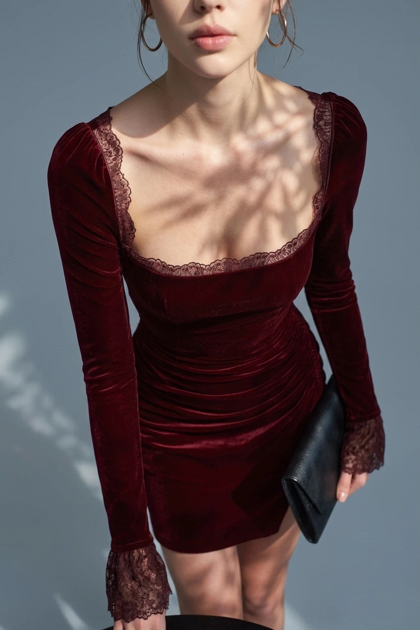 Wine Red Velour Square Neck Mini Dress — variant_front