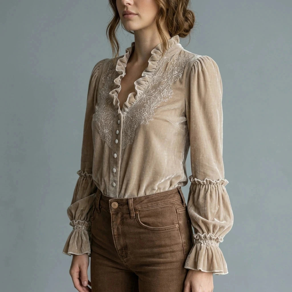 Embroidered Velvet Blouse Lace-Trimmed Romantic Floral Statement Top