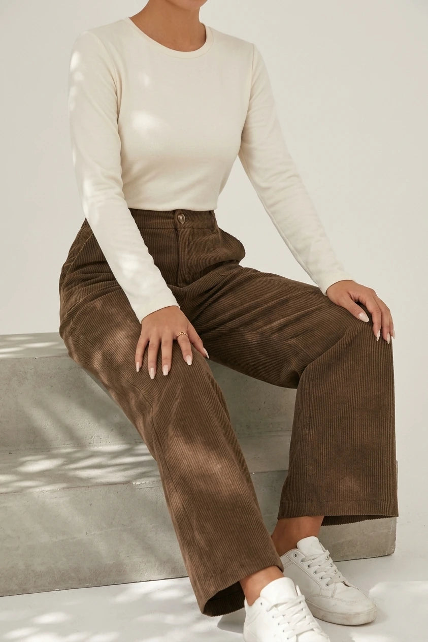 Retro High Waist Wide Leg Corduroy Trousers with Front Pockets — variant_front