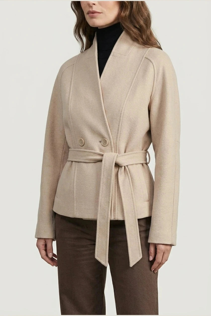 Cropped Double-Breasted Wool Jacket With Belted Waist And High Collar