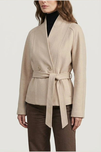 Cropped Double-Breasted Wool Jacket With Belted Waist And High Collar