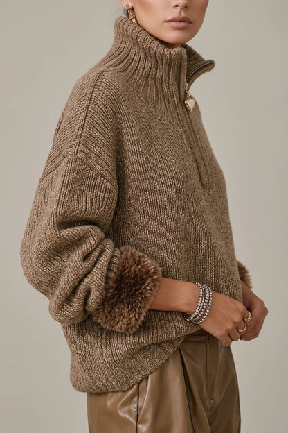 Cozy Half Zip Chunky Knit Sweater with Fur Cuffs — variant_front