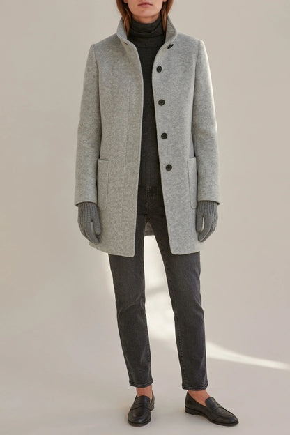 Women's Stand Collar Coat with Button Front and Patch Pockets — variant_front